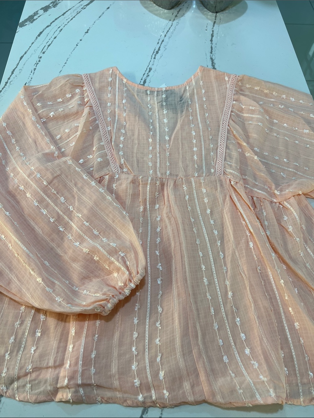 Very J V- neck Blouse Peach Lace-Trim Sheer Peasant Tunic size S - Picture 12 of 14